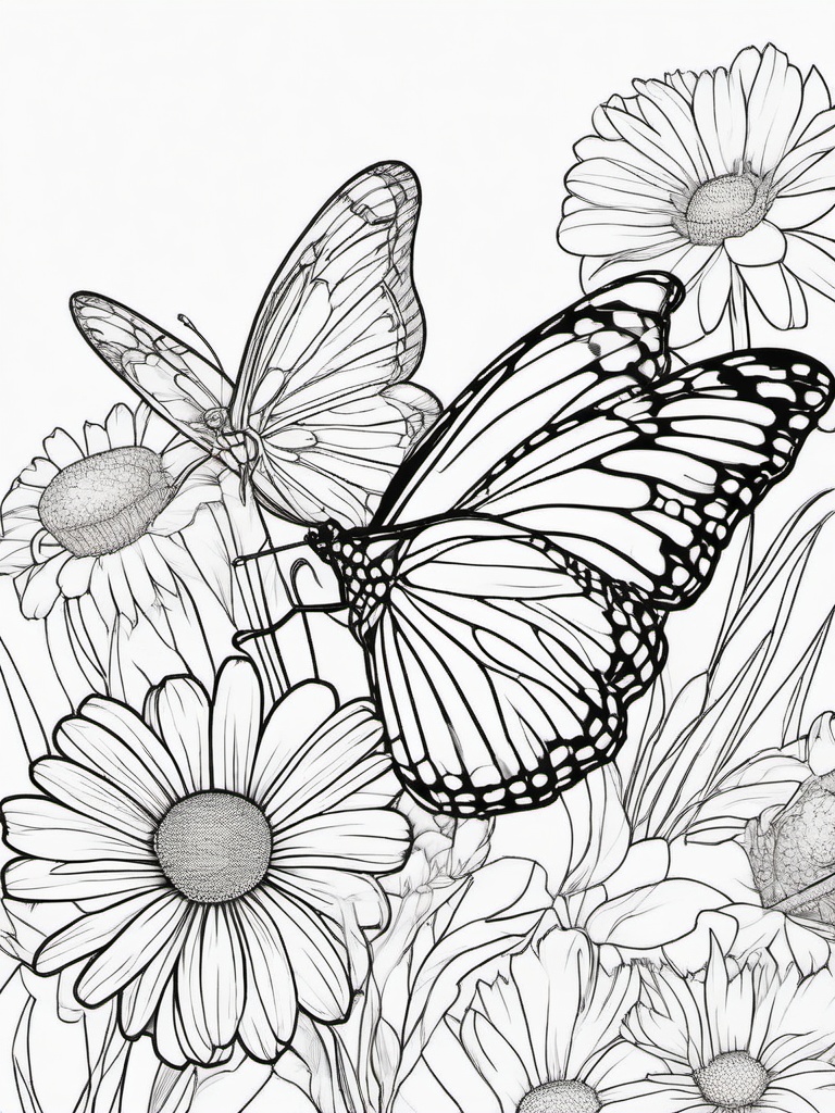 Butterfly and Daisies Coloring Pages - Lovely Butterflies Among Daisy Flowers  minimal black outline printable sheet, coloring page