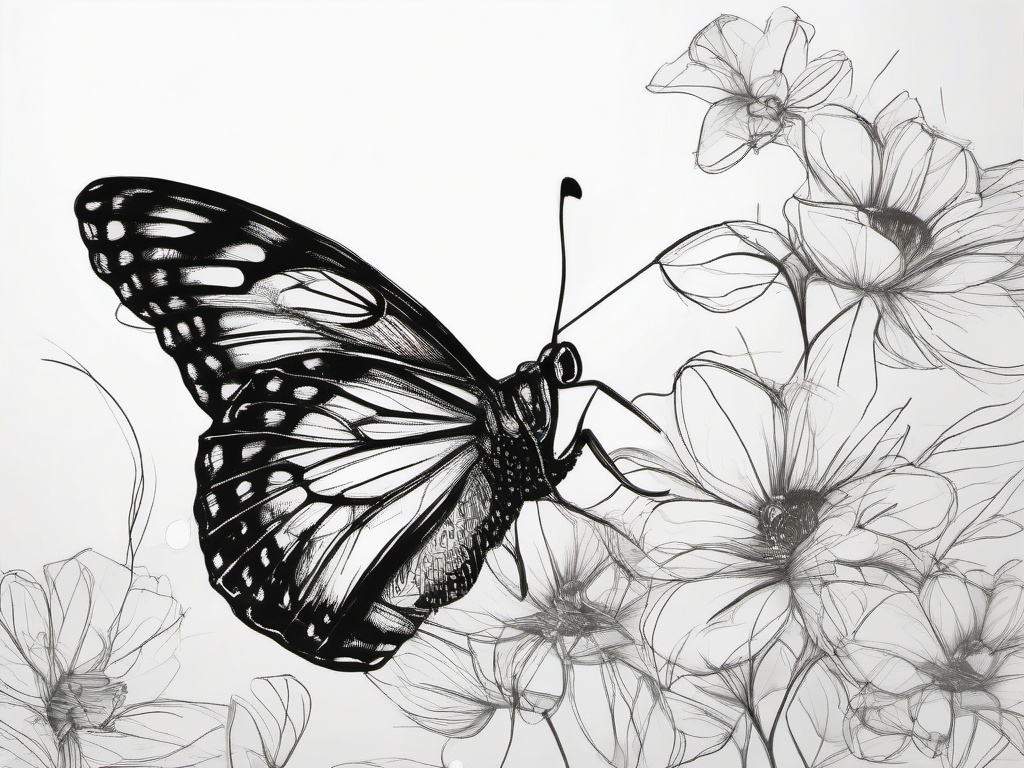 drawing of butterfly sitting on flower  minimal rough scribbles,doodles,black and white