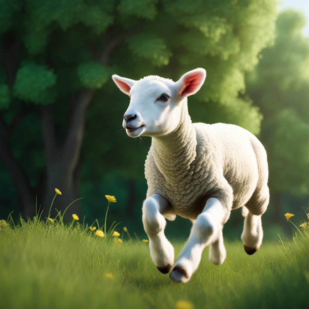 lamb leaping through a vibrant green meadow 8k ultrarealistic cinematic 