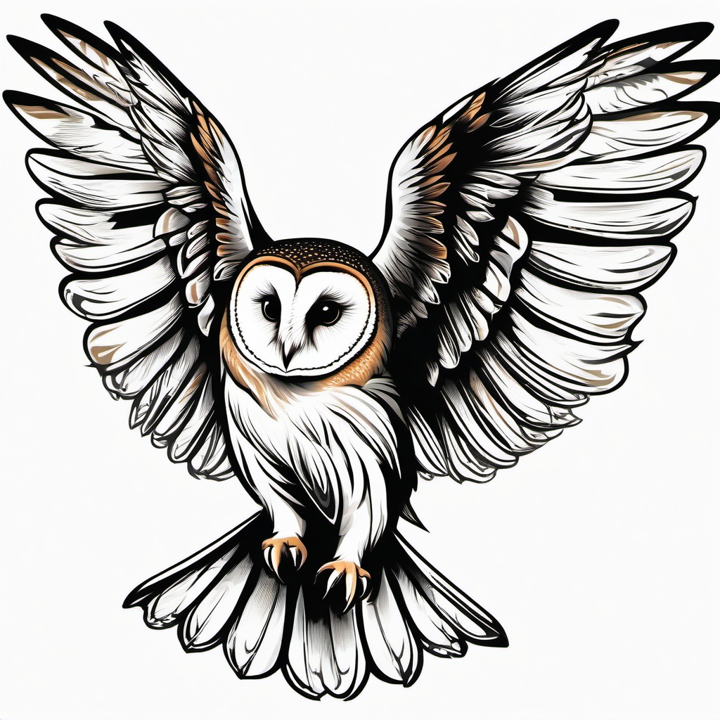 Barn Owl Flying Tattoo - Capture the grace of a flying barn owl in a captivating tattoo.  simple color tattoo,vector style,white background