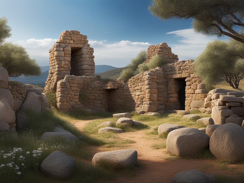 sardinian nuragic ruins - create an artwork that evokes the mystery of sardinia's nuragic ruins, with their ancient stone structures and legends. 