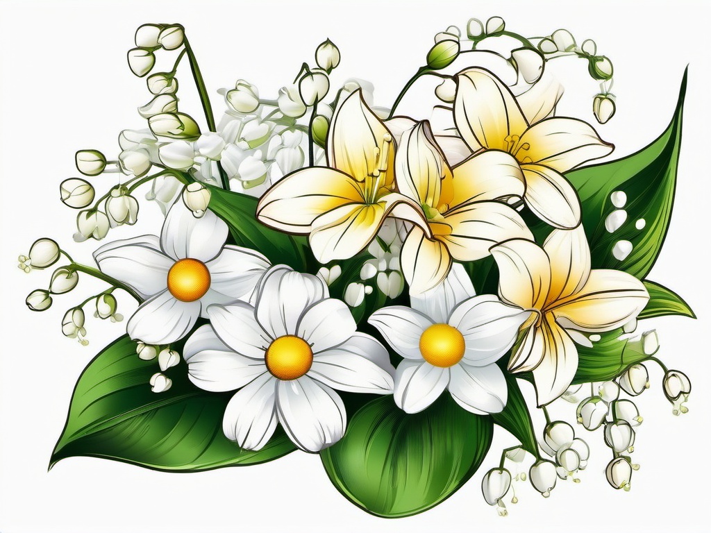 Lily of the Valley and Daisy Tattoo-Stunning tattoo with daisies and lilies of the valley, symbolizing sweetness, purity, and happiness.  simple vector color tattoo