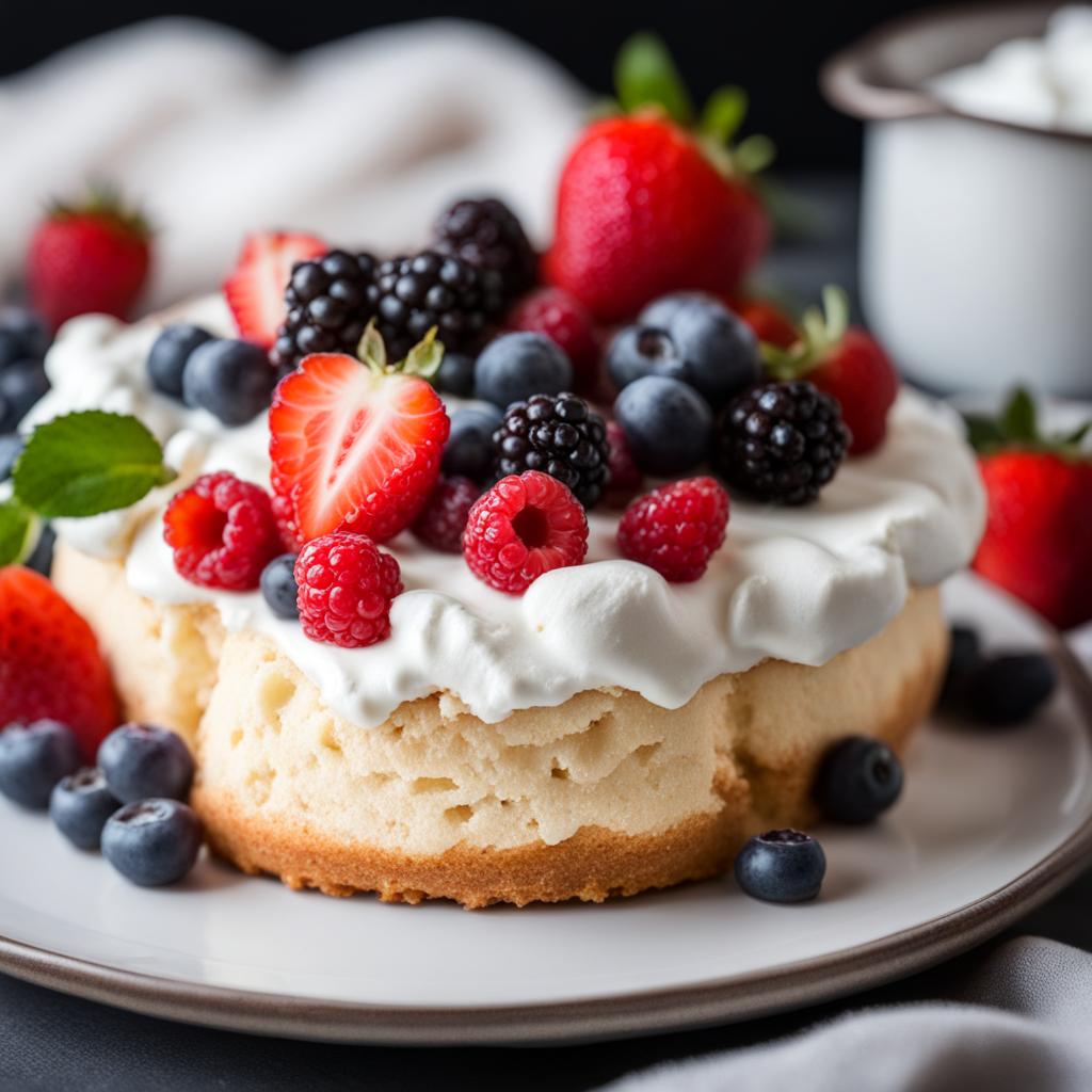 fluffy and delicate angel food cake, topped with fresh berries and a cloud of whipped cream. 