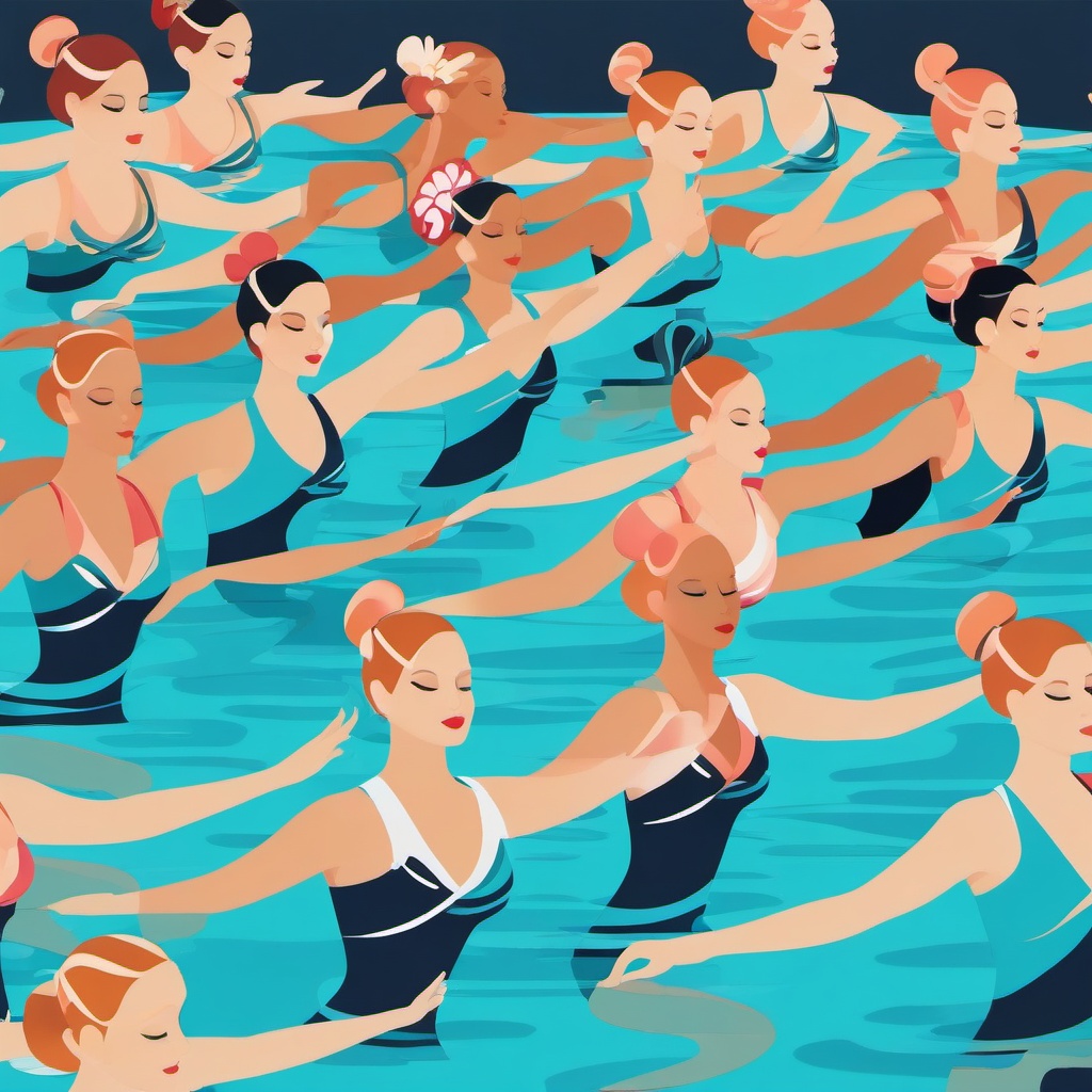 Pool Synchronized Swimming Graceful Performance Clipart - Synchronized swimmers performing with grace in a pool.  color vector clipart, minimal style