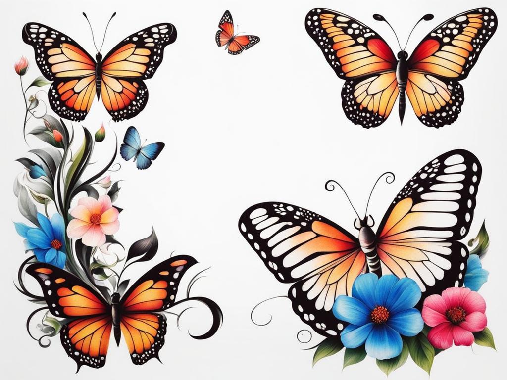 Butterfly and flower tattoo, Tattoos combining the elegance of butterflies with the beauty of flowers. colors, tattoo patterns, clean white background