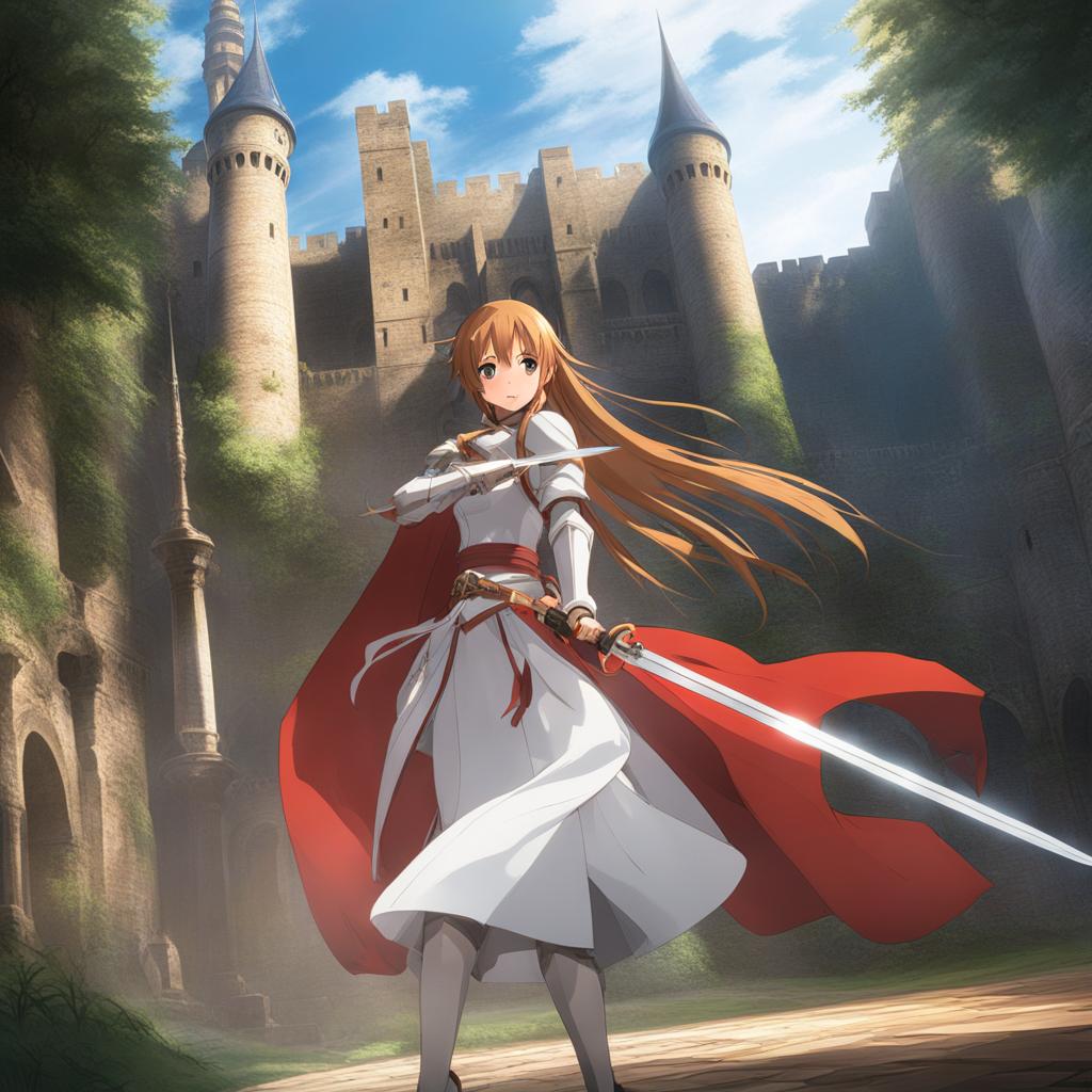 asuna - duels with her rapier in epic sword fights within a majestic castle courtyard. 