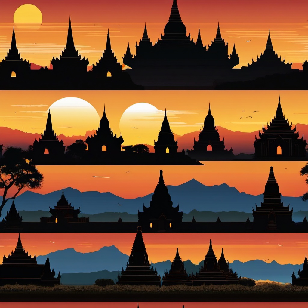 Bagan Sunset sticker- Temples of Bagan illuminated by the setting sun in Myanmar, , sticker vector art, minimalist design