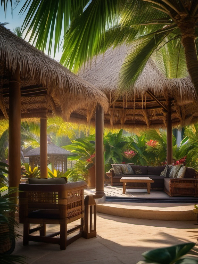 Tropical Patio Paradise - Tropical patio paradise with palm trees and a thatched roof gazebo. realistic, professional photography, bokeh, natural lighting, canon lens, shot on dslr 64 megapixels sharp focus