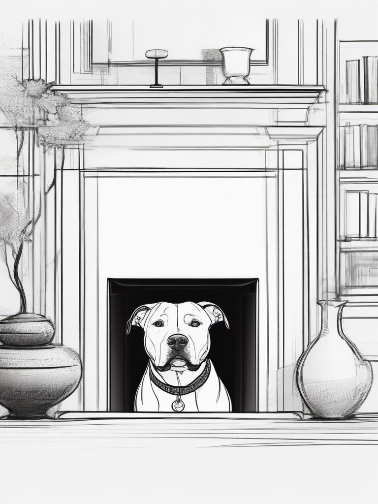 drawing of a pitbull sitting by a fireplace  minimal rough sketch scribbles,doodles,black and white