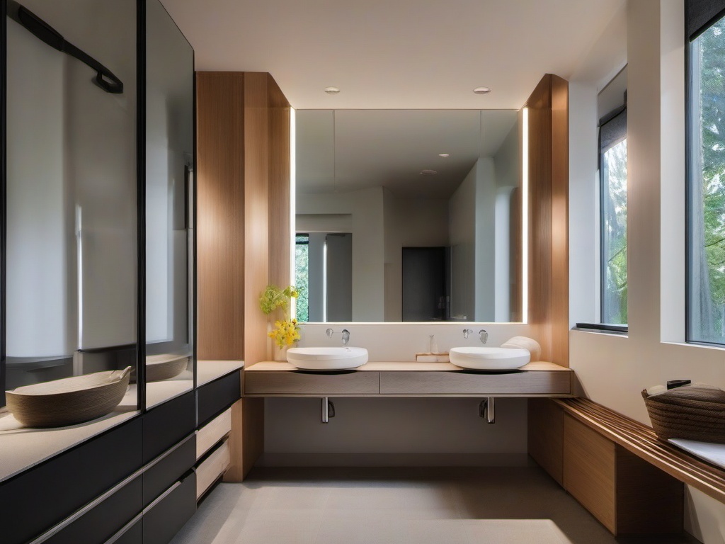 In the guest bathroom, Bauhaus interior design features streamlined fixtures, minimalist decor, and ample natural light that create a welcoming atmosphere for visitors.  