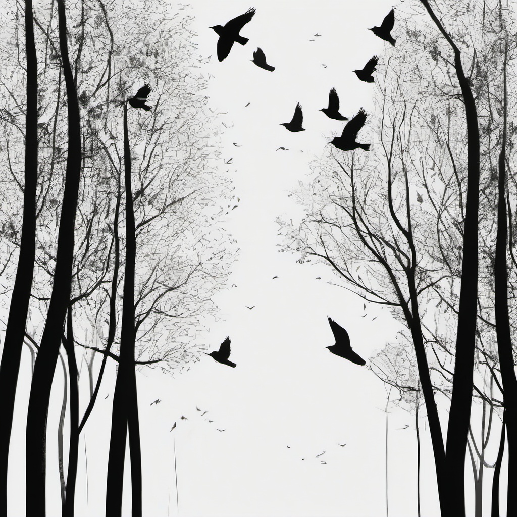 drawing of trees with birds  minimal rough sketch scribbles,doodles,black and white