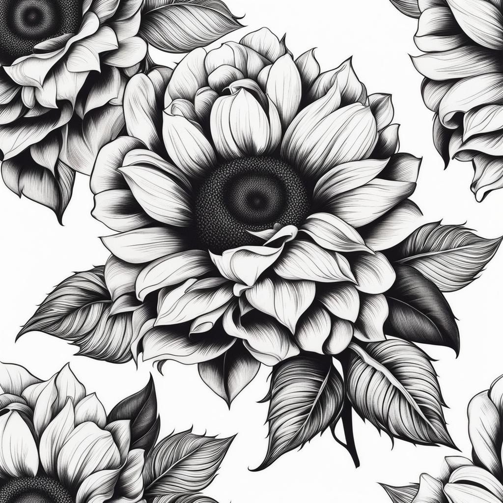 Sunflower rose tattoo, Elegant tattoos featuring a combination of sunflowers and roses.  color, tattoo patterns, white clean background