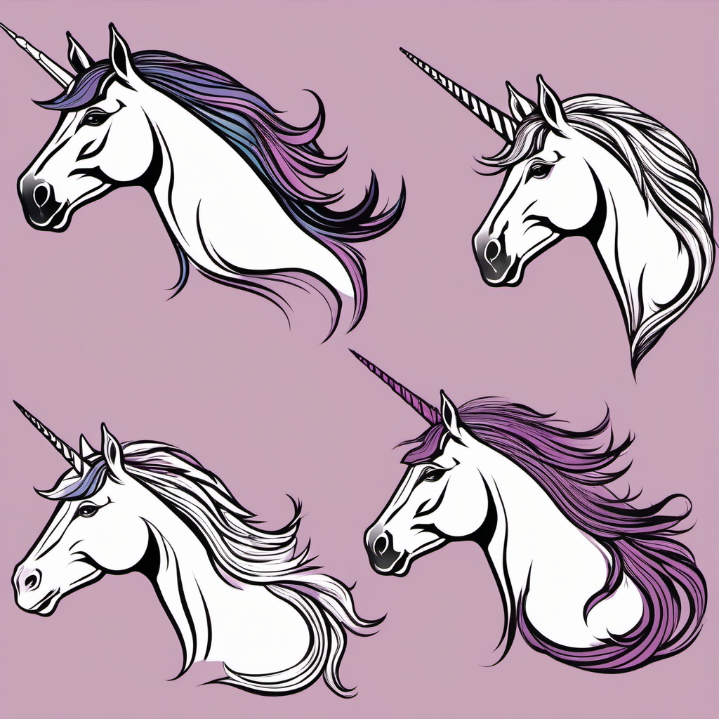 Unicorn Head Clip Art - Diverse and detailed unicorn head illustrations suitable for clip art purposes.  vector art, clipart, minimal