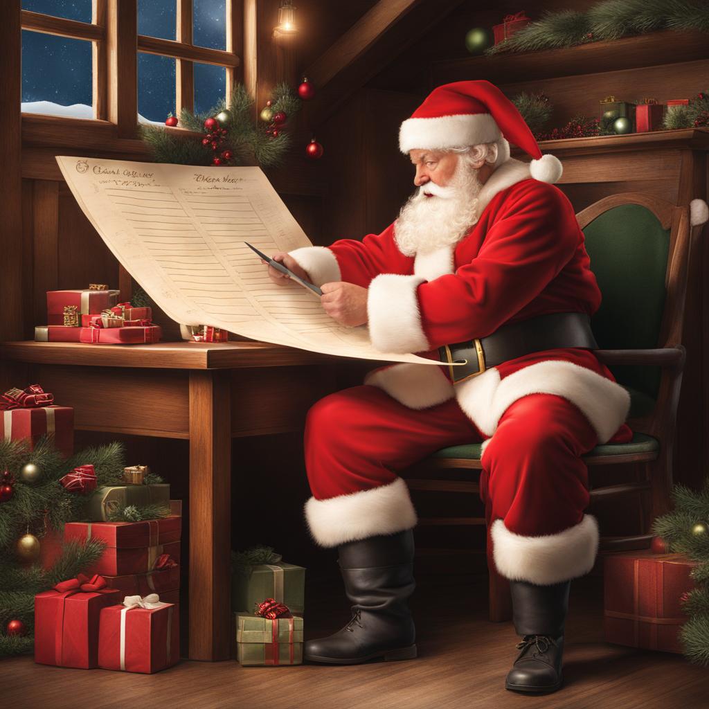 santa clipart: checking his list at the north pole workshop. 