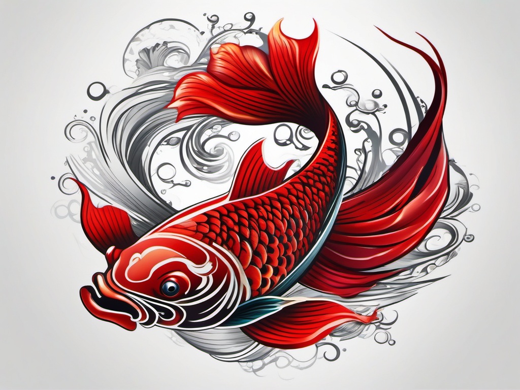 Red Koi Fish Tattoo,a striking tattoo featuring the vibrant red koi fish, symbolizing courage and determination. , color tattoo design, white clean background