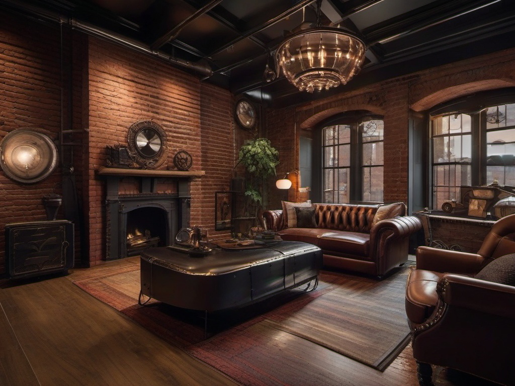 Steampunk interior design in the living room features exposed brick walls, vintage leather furniture, and ornate metal accents that create a sophisticated yet adventurous atmosphere.  