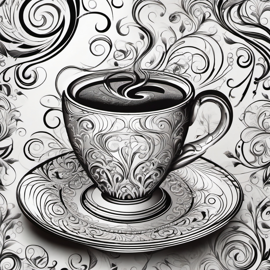 Coffee cup with swirls design: Gentle curves evoking relaxation.  black and white tattoo style