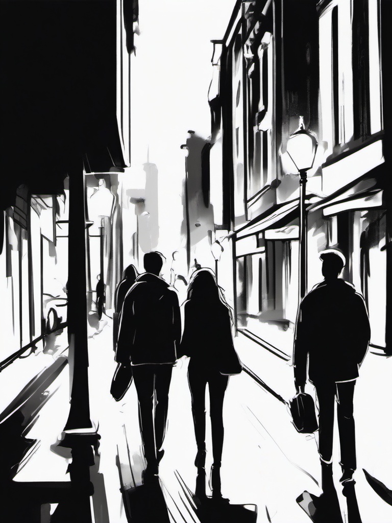 drawing of friends walking in the city  minimal rough sketch scribbles,doodles,black and white