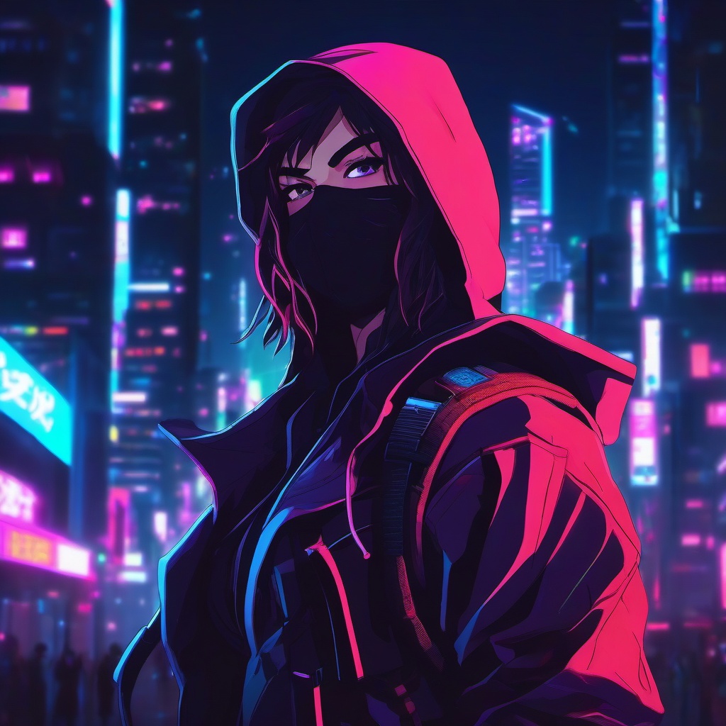 Mysterious ninja assassin in a neon-lit city.  front facing ,centered portrait shot, cute anime color style, pfp, full face visible