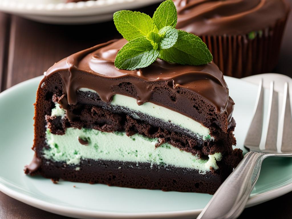 chocolate mint cake with mint chocolate chip icing, devoured at an ice cream parlor. 