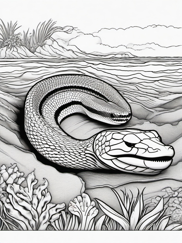 Sea Snake Coloring Pages - Venomous Ocean Dweller with Scales  black outline printable sheet, coloring page