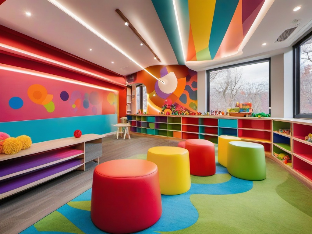 The playroom embodies psychedelic interior design with colorful toys, vibrant wall art, and an energetic atmosphere, providing a fun and engaging space for children's activities.  