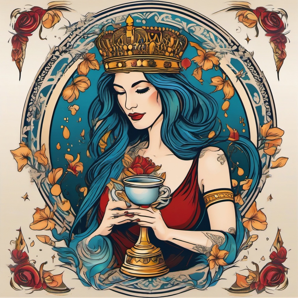 Queen of Cups Tattoo-Creative and artistic tattoo featuring the queen of cups card, capturing themes of emotions and intuition.  simple color vector tattoo