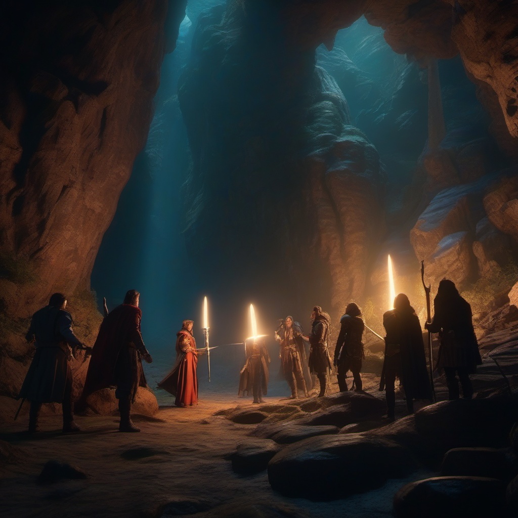 Group of adventurers encounters a sentient talking sword in a hidden cave while on a quest to save their kingdom.  8k, hyper realistic, cinematic