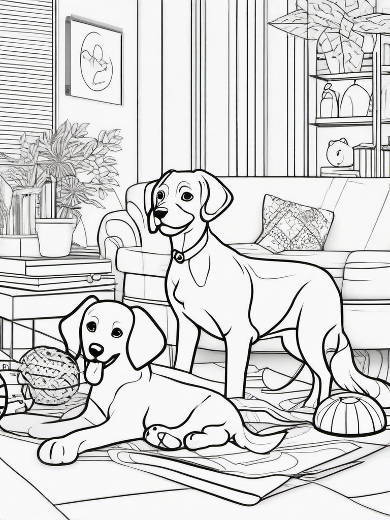 Dog with Toys Coloring Pages - Playful Scene with Dogs and Toys  minimal black outline printable sheet, coloring page