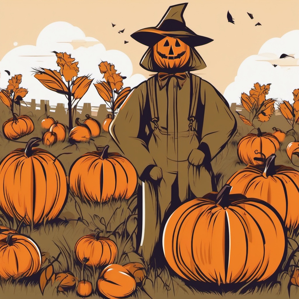 Scarecrow and Pumpkins clipart - Scarecrow guarding pumpkins, ,vector color clipart,minimal