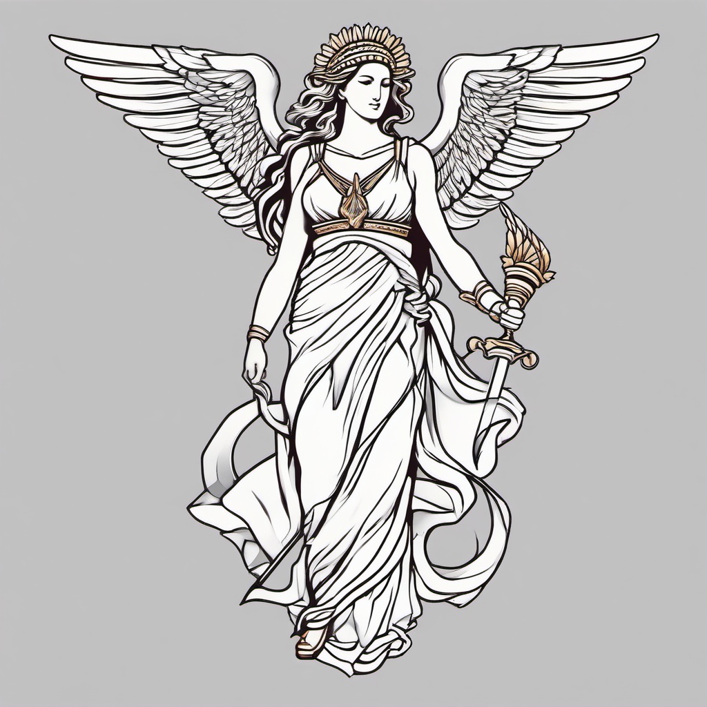 Nike Goddess of Victory Tattoo - Embrace victory and triumph with a Nike tattoo, featuring the goddess of victory from Greek mythology.  simple color tattoo, white background