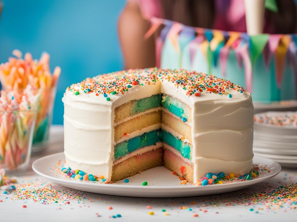 funfetti cake with rainbow sprinkles, enjoyed at a colorful children's birthday party. 