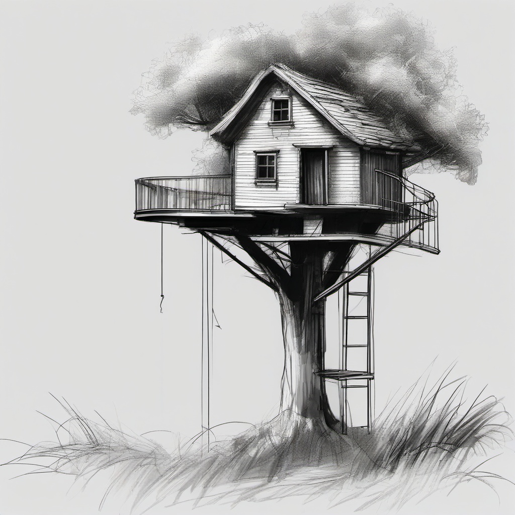 sketch of tree house  minimal rough sketch scribbles,doodles,black and white