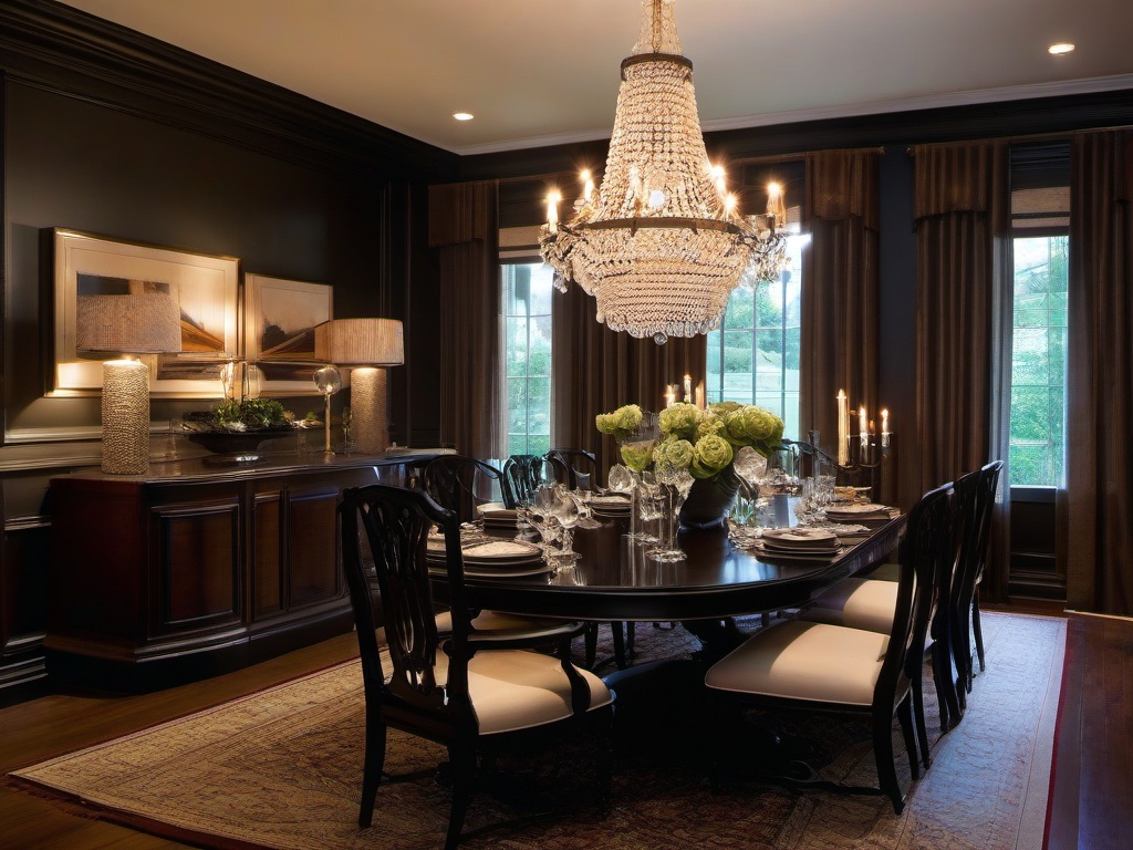 Traditional dining room with dark wood furniture, upholstered chairs, and an elegant chandelier offers a timeless, sophisticated atmosphere.  