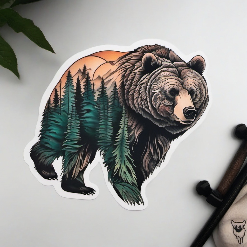 forest bear tattoo  simple color tattoo,white background