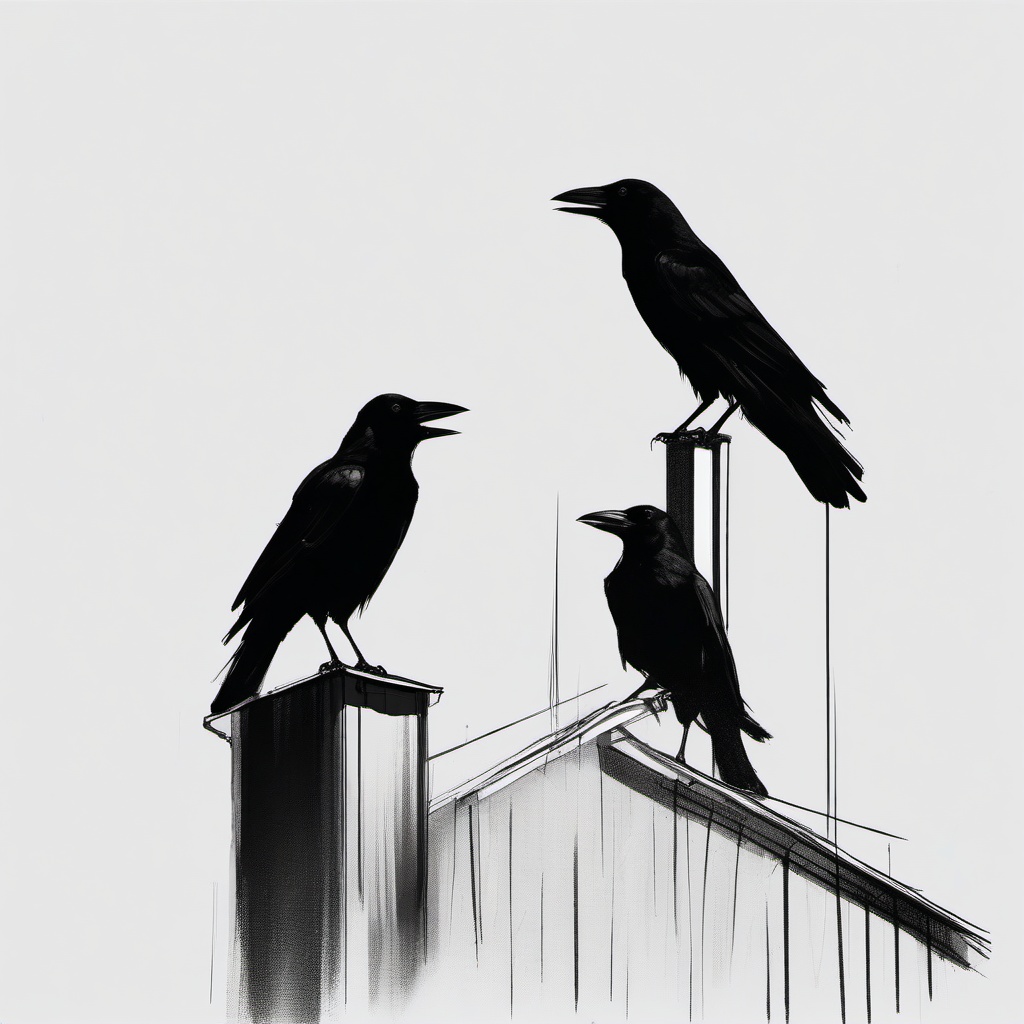 drawing of crows perched on a rooftop  minimal rough sketch scribbles,doodles,black and white