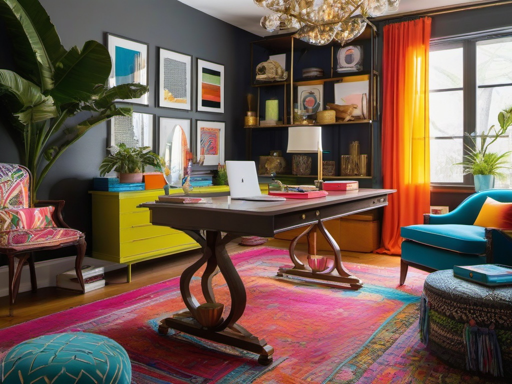 Eclectic home office combines unique furniture pieces, vibrant colors, and various decor styles, making it a lively and personalized space for creativity.  