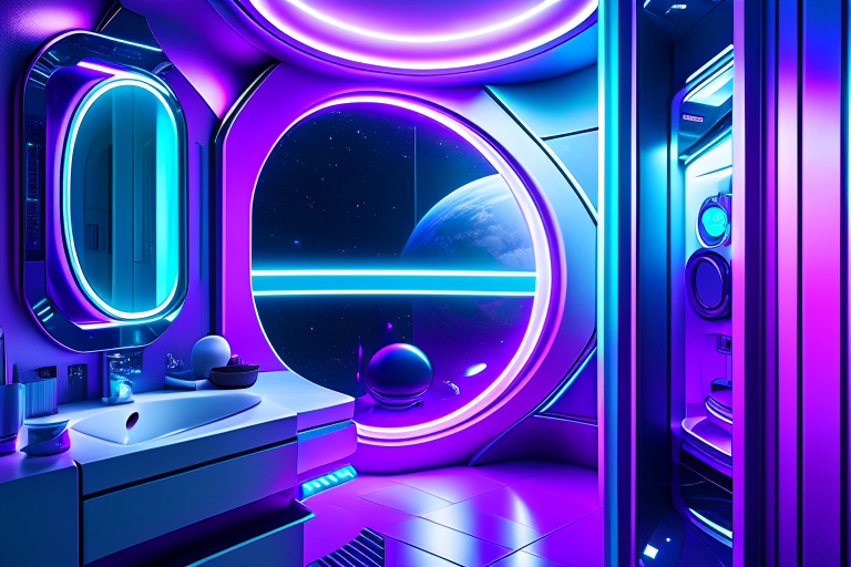 alien spaceship bathroom featuring advanced alien technology and holographic mirrors. 