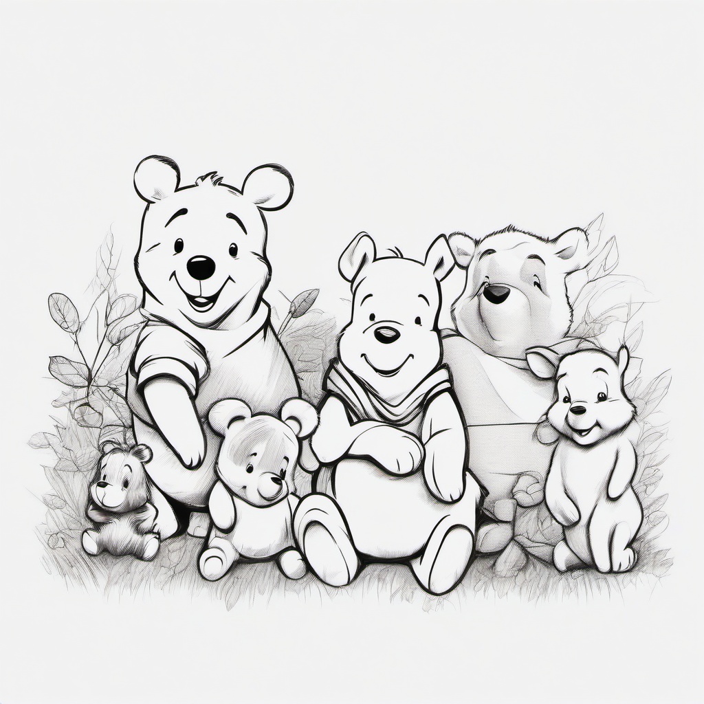 drawing of Winnie the Pooh and his friends  minimal rough sketch scribbles,doodles,black and white