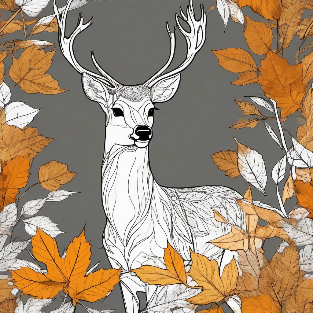 drawing of a deer in autumn leaves  minimal rough sketch scribbles,doodles,black and white