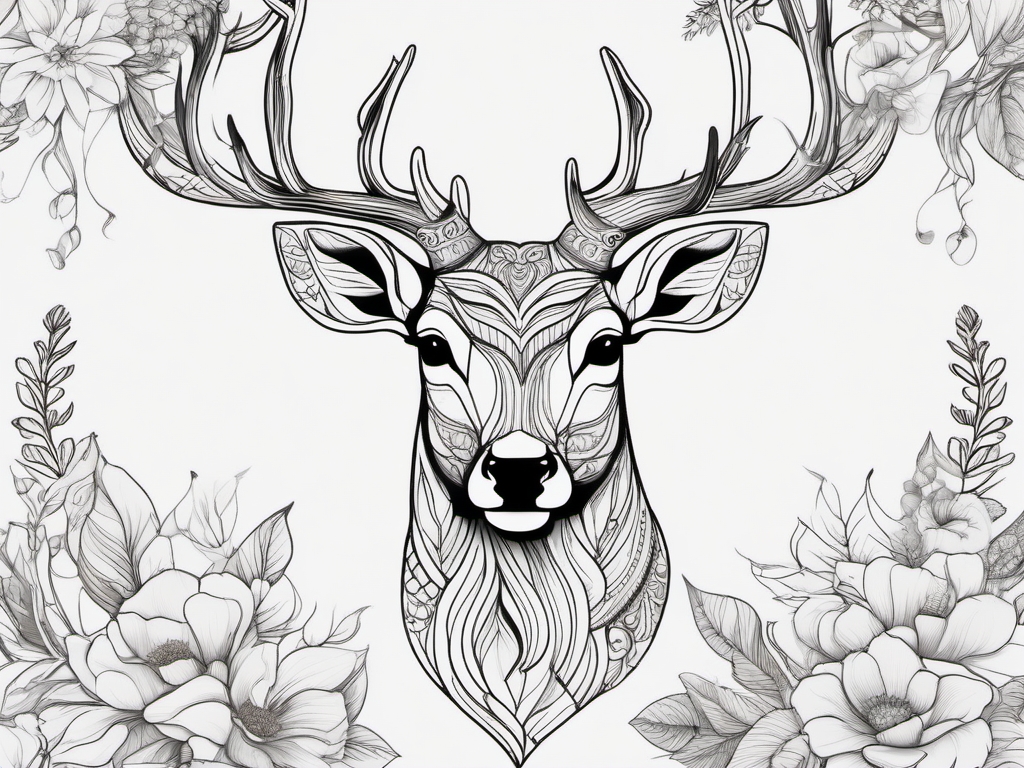 Floral Deer Portrait - Showcase the elegance of a deer surrounded by delicate flowers in a floral-themed tattoo.  outline color tattoo,minimal,white background