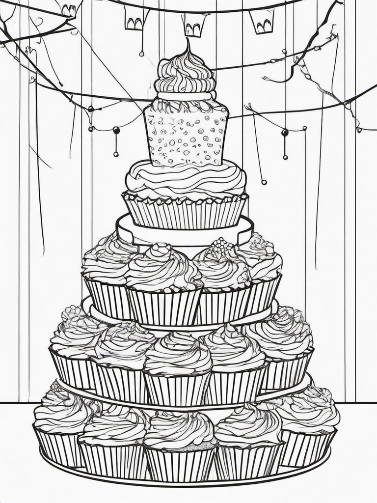 Cupcake Coloring Pages - Cupcake tower at a party  simple coloring pages