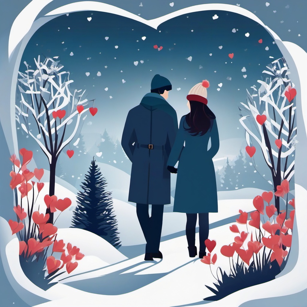 Winter Love clipart - Couple in a romantic winter setting, ,vector color clipart,minimal