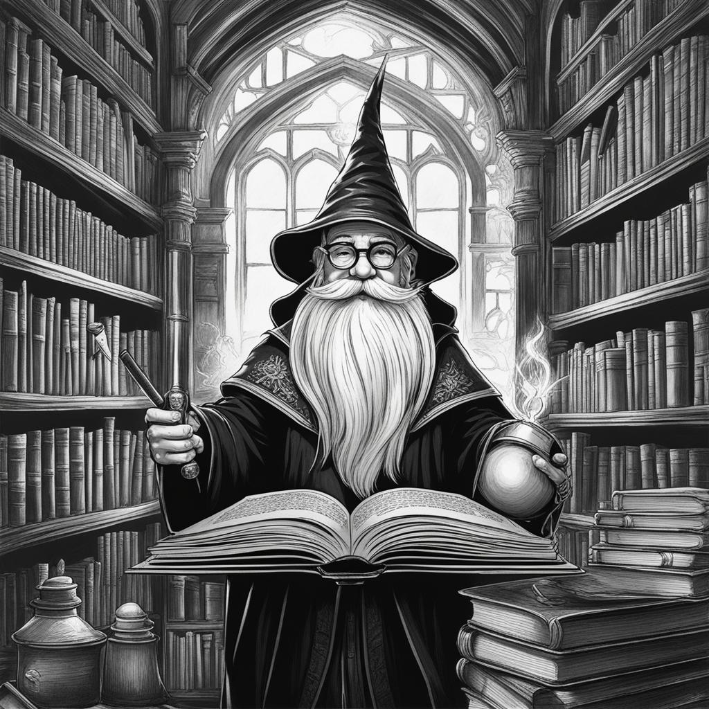 gnome wizard with a library of spells - sketch a gnome wizard surrounded by a vast library of magical tomes and scrolls. 