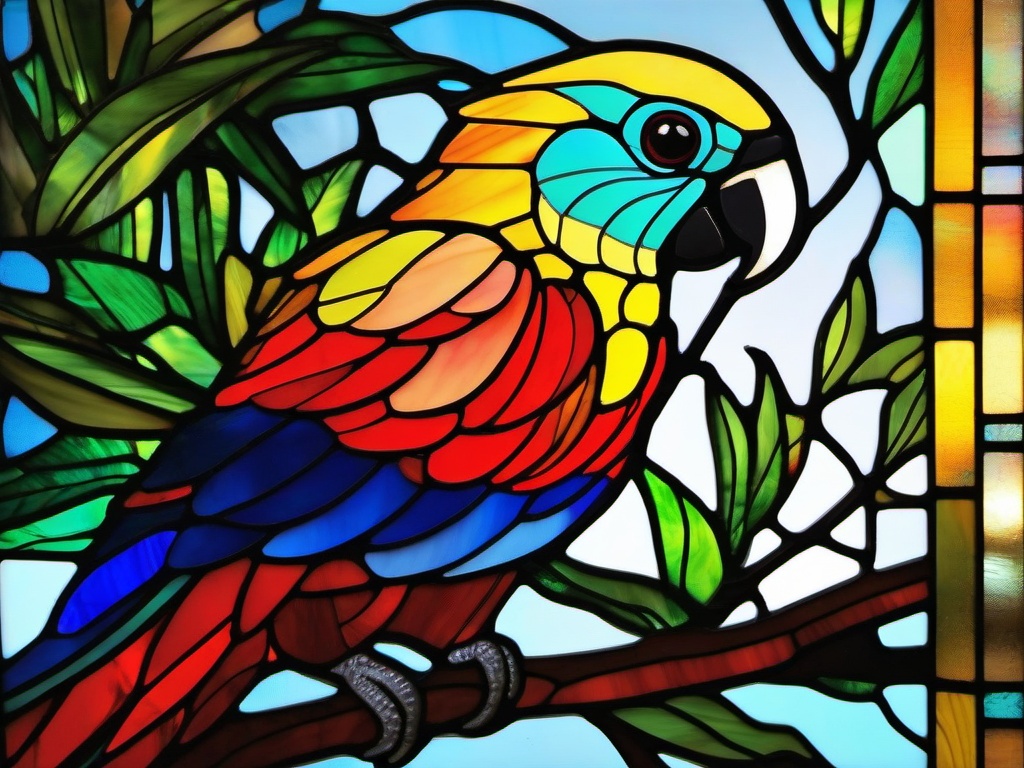 Stained Glass Parrot - Colorful parrot perched on branch  