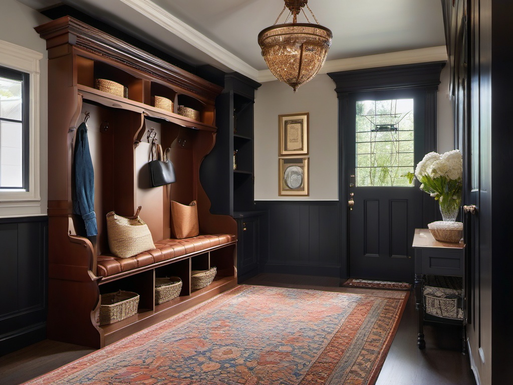 A mudroom designed with Russian Revival interior design includes ornate storage solutions, traditional decor, and an organized layout that makes coming and going a stylish experience.  