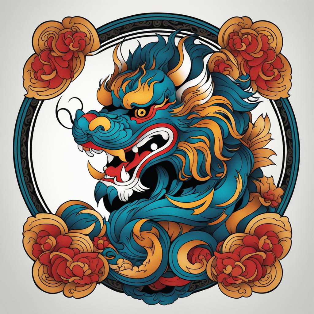 foo dog tattoo minimalist color design 