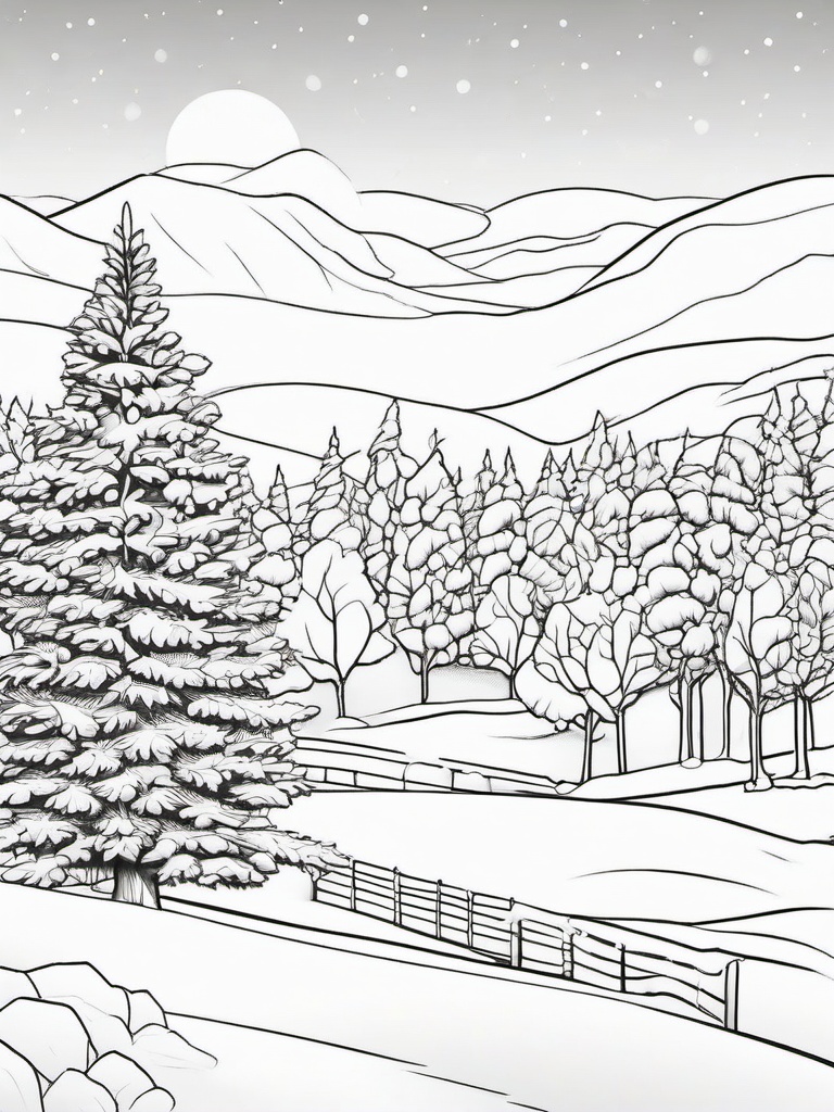 Snowy Christmas Eve Coloring Pages - Winter Scene with Falling Snow  minimal black outline printable sheet, coloring page