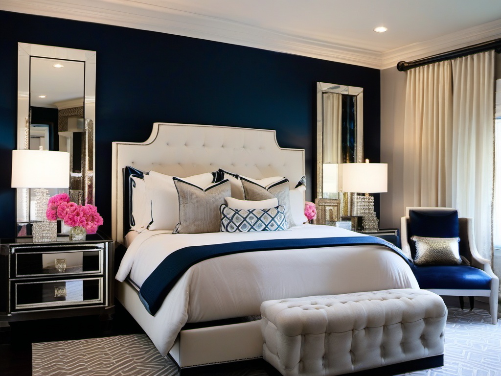 Hollywood Regency-style bedroom with a Jonathan Adler mirrored dresser, Kravet silk bedding, and Restoration Hardware crystal sconces.  