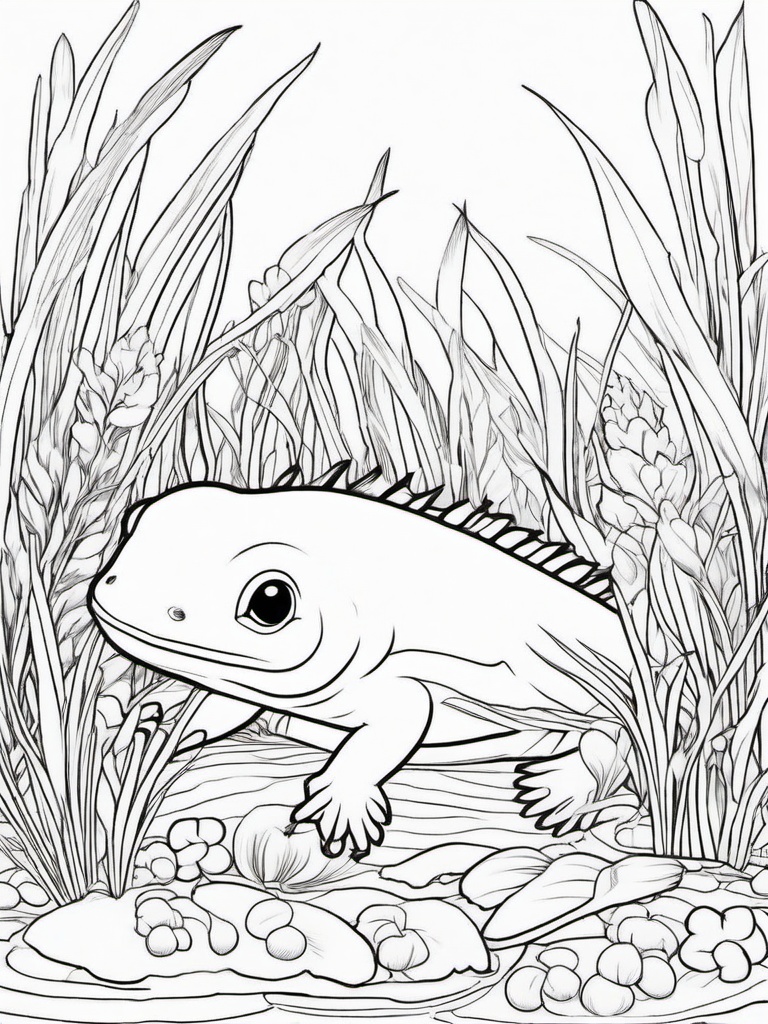 Axolotl Coloring Pages - Cute axolotl swimming among aquatic plants  simple coloring pages